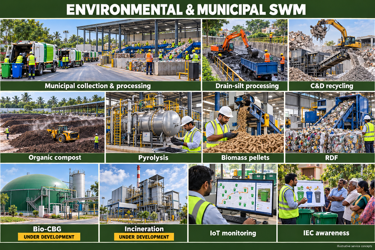 Illustrative service collage: Municipal collection & processing; Drain-silt processing; C&D recycling; Organic compost; Pyrolysis; Biomass pellets; RDF; Bio-CBG — under development; Incineration — under development; IoT monitoring; IEC awareness
