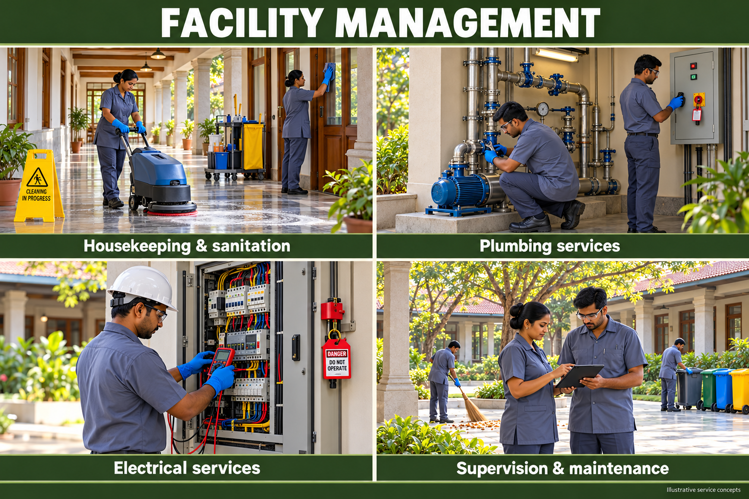 Illustrative service collage: Housekeeping & sanitation; Plumbing services; Electrical services; Supervision & maintenance