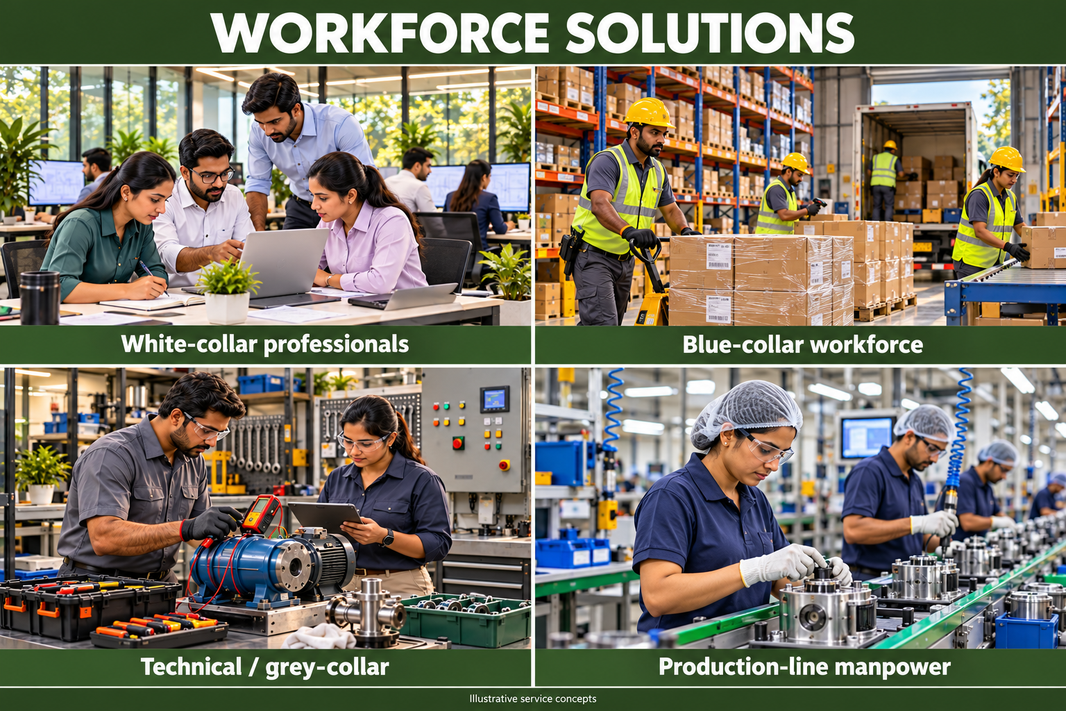 Illustrative service collage: White-collar professionals; Blue-collar workforce; Technical / grey-collar; Production-line manpower